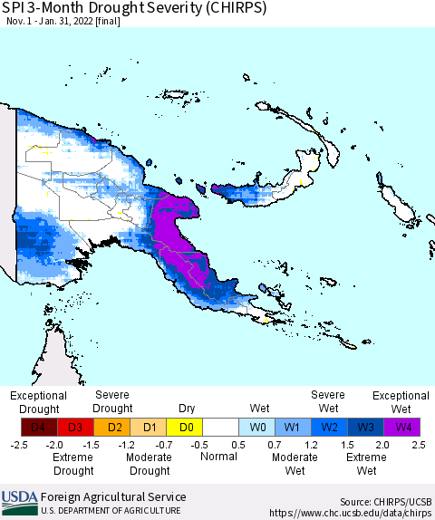 Papua New Guinea SPI 3-Month Drought Severity (CHIRPS) Thematic Map For 11/1/2021 - 1/31/2022