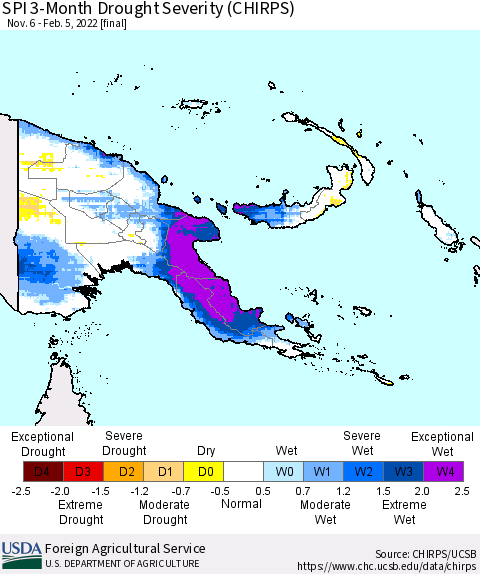 Papua New Guinea SPI 3-Month Drought Severity (CHIRPS) Thematic Map For 11/6/2021 - 2/5/2022