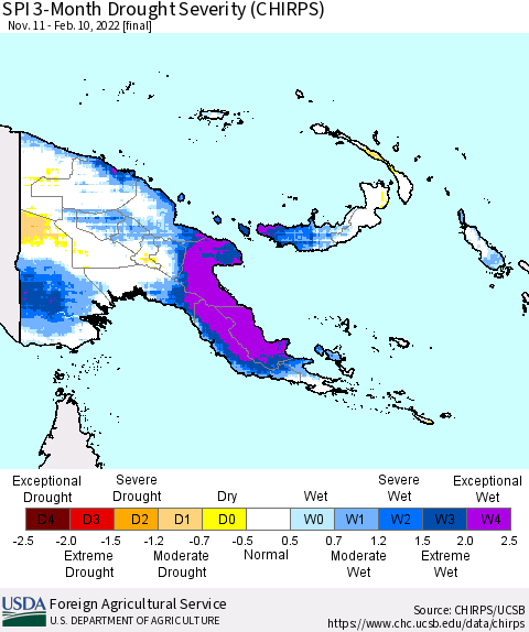 Papua New Guinea SPI 3-Month Drought Severity (CHIRPS) Thematic Map For 11/11/2021 - 2/10/2022