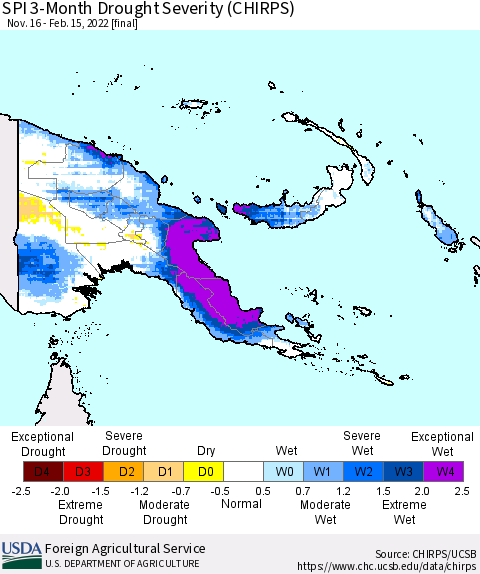 Papua New Guinea SPI 3-Month Drought Severity (CHIRPS) Thematic Map For 11/16/2021 - 2/15/2022