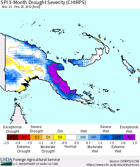 Papua New Guinea SPI 3-Month Drought Severity (CHIRPS) Thematic Map For 11/21/2021 - 2/20/2022