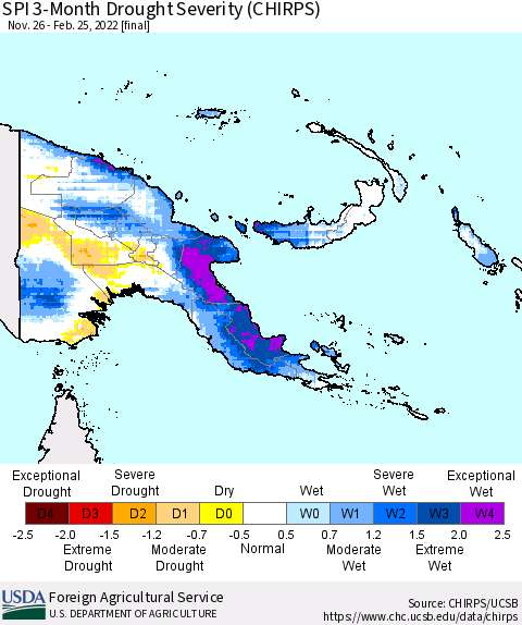 Papua New Guinea SPI 3-Month Drought Severity (CHIRPS) Thematic Map For 11/26/2021 - 2/25/2022