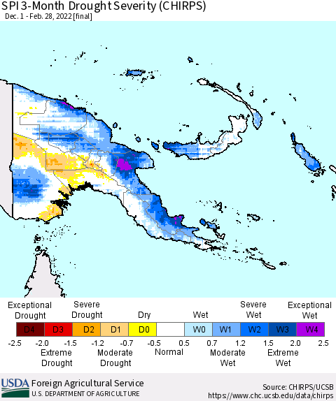 Papua New Guinea SPI 3-Month Drought Severity (CHIRPS) Thematic Map For 12/1/2021 - 2/28/2022