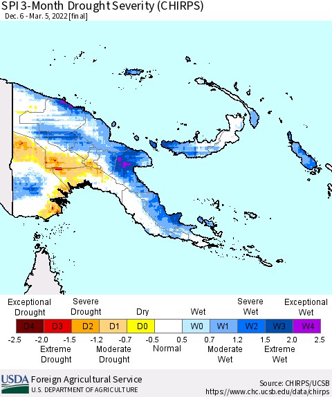 Papua New Guinea SPI 3-Month Drought Severity (CHIRPS) Thematic Map For 12/6/2021 - 3/5/2022