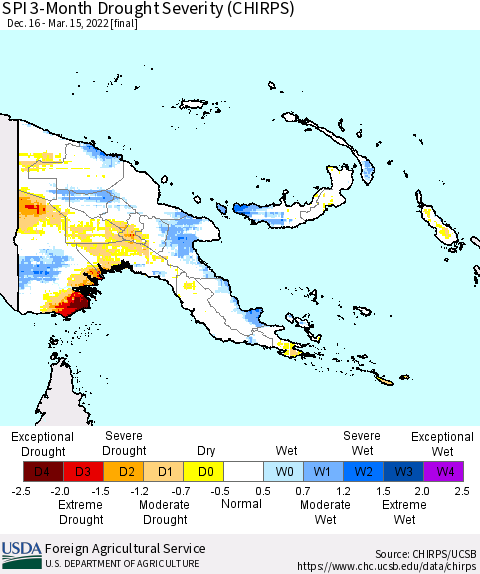 Papua New Guinea SPI 3-Month Drought Severity (CHIRPS) Thematic Map For 12/16/2021 - 3/15/2022