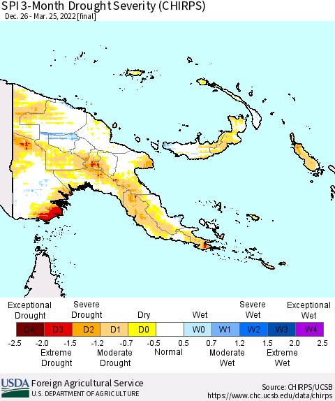 Papua New Guinea SPI 3-Month Drought Severity (CHIRPS) Thematic Map For 12/26/2021 - 3/25/2022