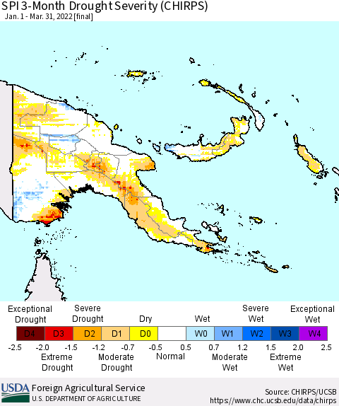 Papua New Guinea SPI 3-Month Drought Severity (CHIRPS) Thematic Map For 1/1/2022 - 3/31/2022