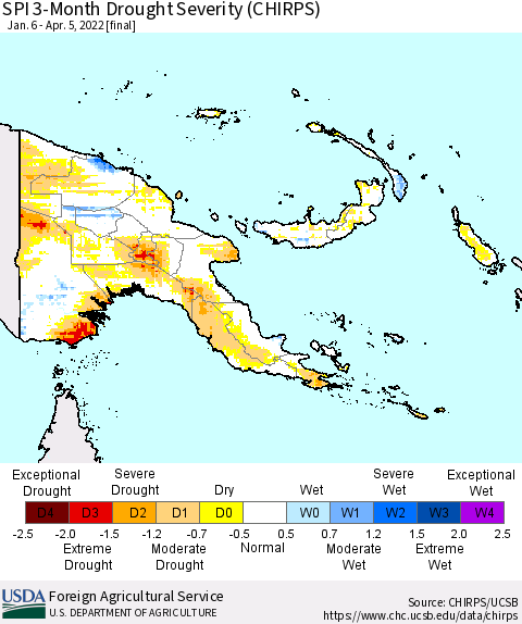 Papua New Guinea SPI 3-Month Drought Severity (CHIRPS) Thematic Map For 1/6/2022 - 4/5/2022