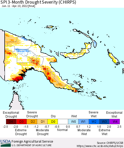Papua New Guinea SPI 3-Month Drought Severity (CHIRPS) Thematic Map For 1/11/2022 - 4/10/2022