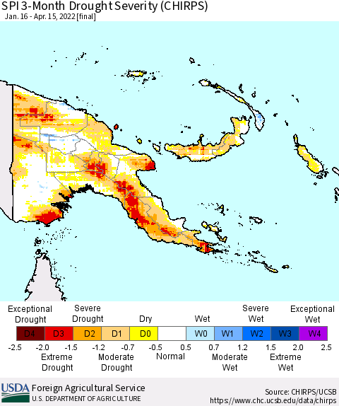 Papua New Guinea SPI 3-Month Drought Severity (CHIRPS) Thematic Map For 1/16/2022 - 4/15/2022