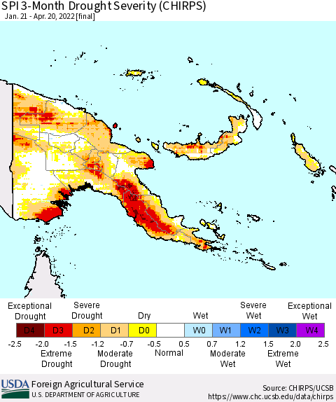 Papua New Guinea SPI 3-Month Drought Severity (CHIRPS) Thematic Map For 1/21/2022 - 4/20/2022