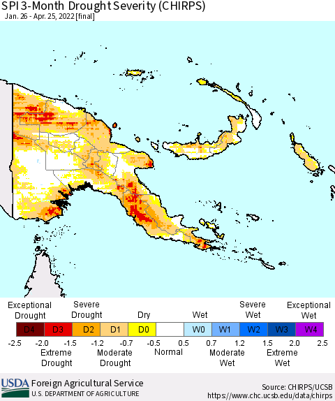 Papua New Guinea SPI 3-Month Drought Severity (CHIRPS) Thematic Map For 1/26/2022 - 4/25/2022