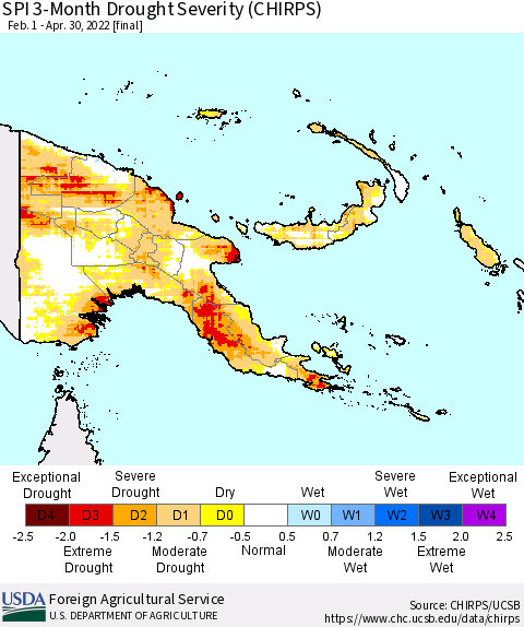 Papua New Guinea SPI 3-Month Drought Severity (CHIRPS) Thematic Map For 2/1/2022 - 4/30/2022