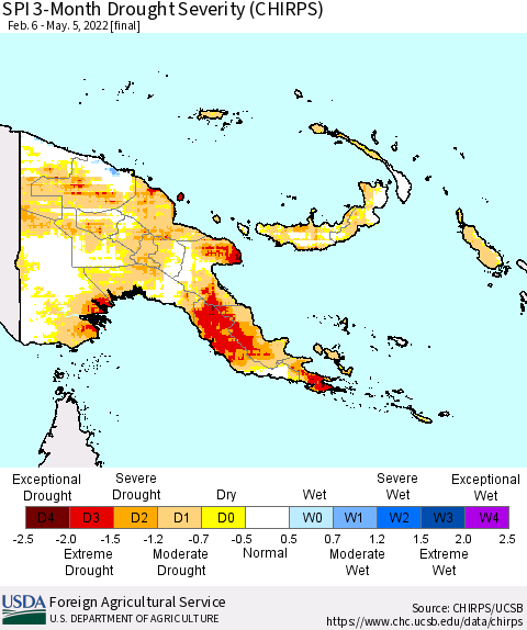 Papua New Guinea SPI 3-Month Drought Severity (CHIRPS) Thematic Map For 2/6/2022 - 5/5/2022