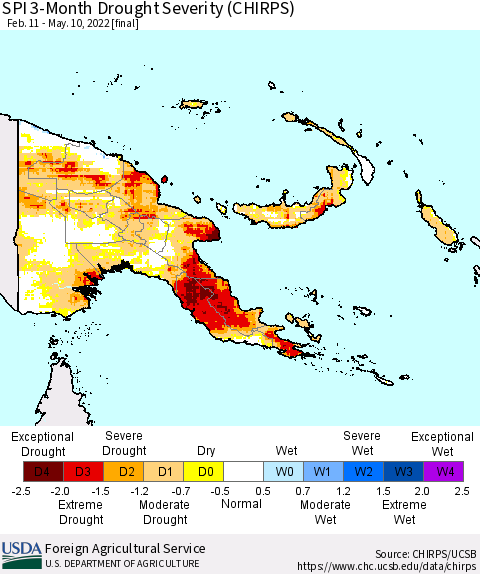 Papua New Guinea SPI 3-Month Drought Severity (CHIRPS) Thematic Map For 2/11/2022 - 5/10/2022