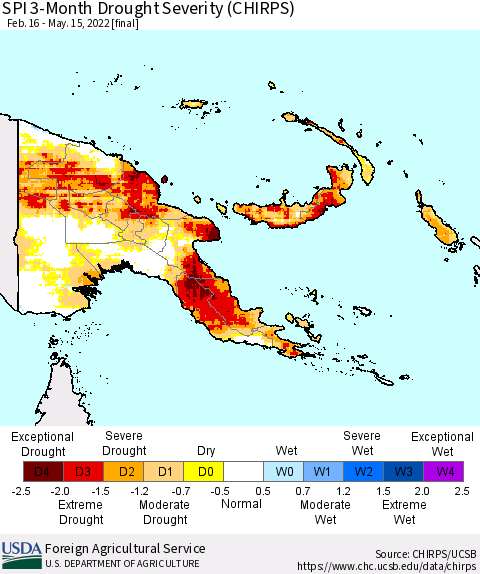 Papua New Guinea SPI 3-Month Drought Severity (CHIRPS) Thematic Map For 2/16/2022 - 5/15/2022