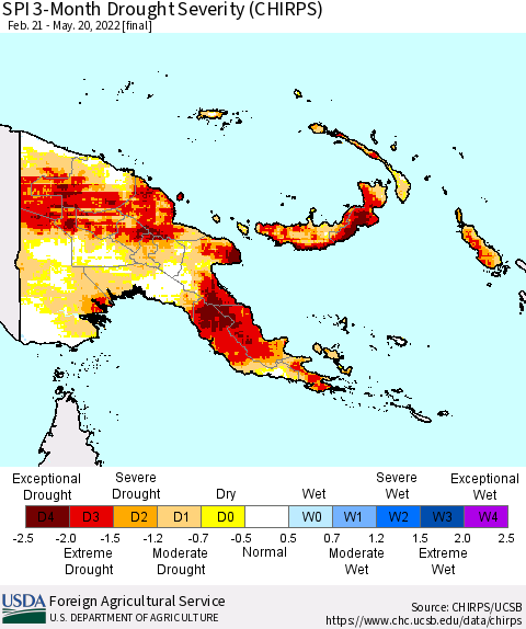 Papua New Guinea SPI 3-Month Drought Severity (CHIRPS) Thematic Map For 2/21/2022 - 5/20/2022