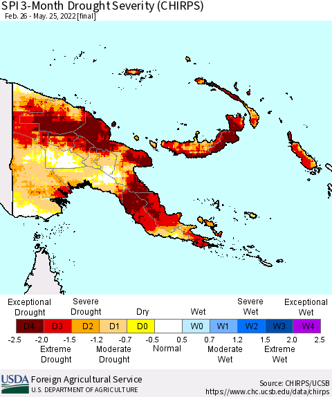 Papua New Guinea SPI 3-Month Drought Severity (CHIRPS) Thematic Map For 2/26/2022 - 5/25/2022