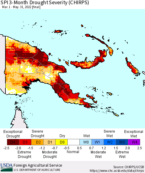 Papua New Guinea SPI 3-Month Drought Severity (CHIRPS) Thematic Map For 3/1/2022 - 5/31/2022
