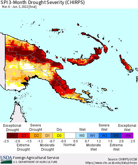 Papua New Guinea SPI 3-Month Drought Severity (CHIRPS) Thematic Map For 3/6/2022 - 6/5/2022