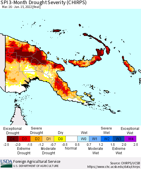 Papua New Guinea SPI 3-Month Drought Severity (CHIRPS) Thematic Map For 3/16/2022 - 6/15/2022