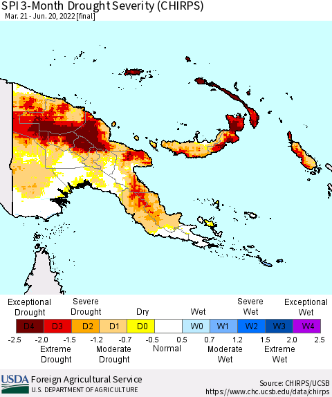 Papua New Guinea SPI 3-Month Drought Severity (CHIRPS) Thematic Map For 3/21/2022 - 6/20/2022