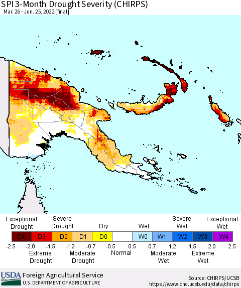 Papua New Guinea SPI 3-Month Drought Severity (CHIRPS) Thematic Map For 3/26/2022 - 6/25/2022