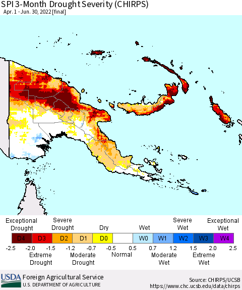 Papua New Guinea SPI 3-Month Drought Severity (CHIRPS) Thematic Map For 4/1/2022 - 6/30/2022