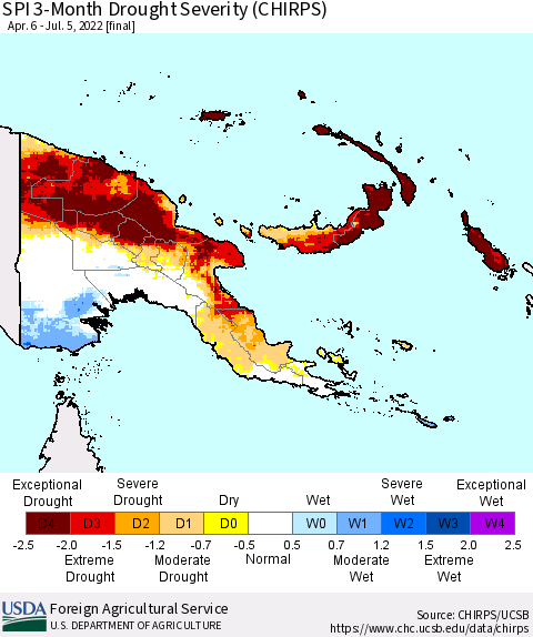 Papua New Guinea SPI 3-Month Drought Severity (CHIRPS) Thematic Map For 4/6/2022 - 7/5/2022