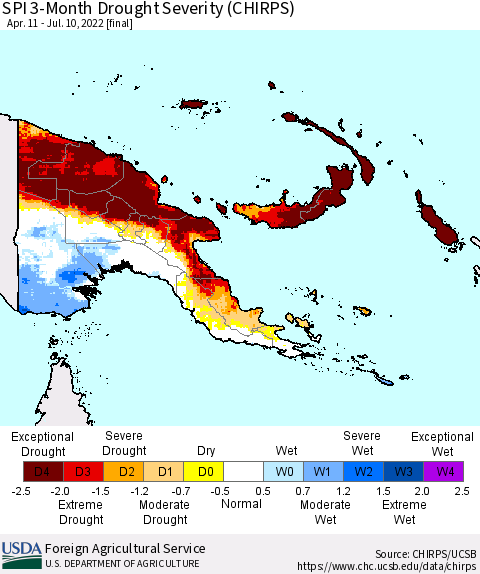 Papua New Guinea SPI 3-Month Drought Severity (CHIRPS) Thematic Map For 4/11/2022 - 7/10/2022