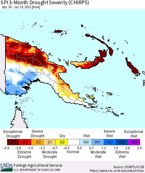 Papua New Guinea SPI 3-Month Drought Severity (CHIRPS) Thematic Map For 4/16/2022 - 7/15/2022