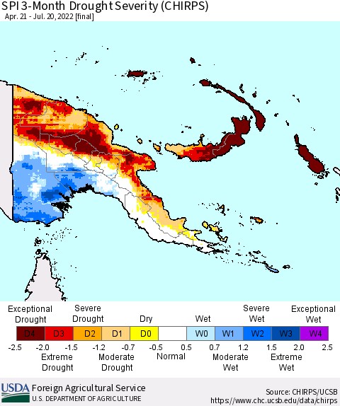 Papua New Guinea SPI 3-Month Drought Severity (CHIRPS) Thematic Map For 4/21/2022 - 7/20/2022