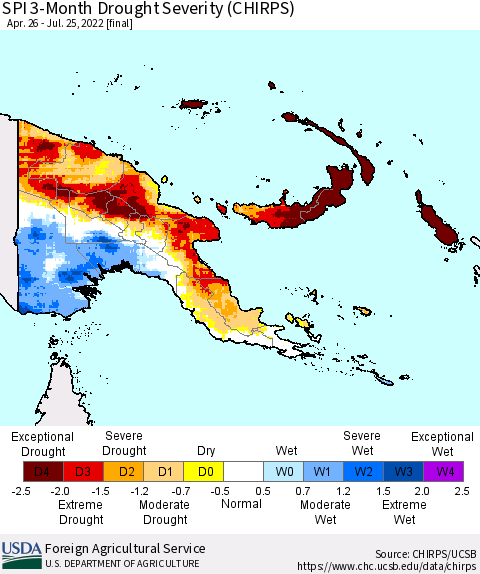 Papua New Guinea SPI 3-Month Drought Severity (CHIRPS) Thematic Map For 4/26/2022 - 7/25/2022
