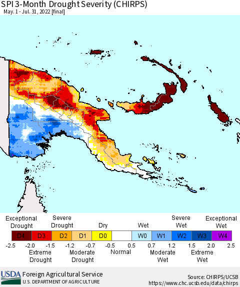 Papua New Guinea SPI 3-Month Drought Severity (CHIRPS) Thematic Map For 5/1/2022 - 7/31/2022