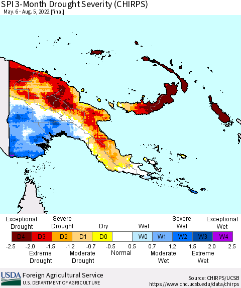 Papua New Guinea SPI 3-Month Drought Severity (CHIRPS) Thematic Map For 5/6/2022 - 8/5/2022