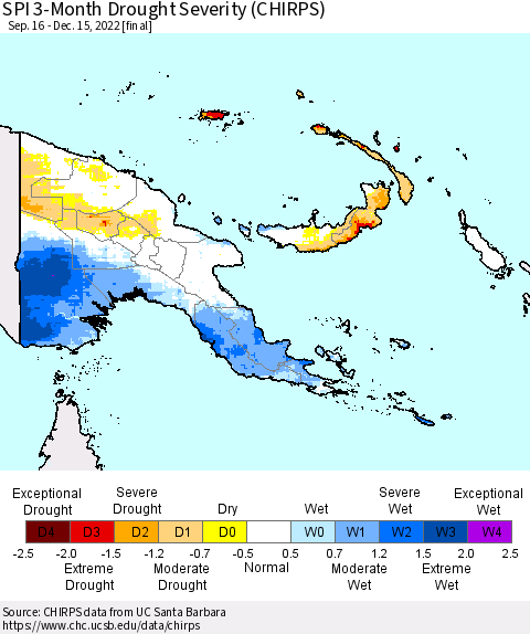 Papua New Guinea SPI 3-Month Drought Severity (CHIRPS) Thematic Map For 9/16/2022 - 12/15/2022