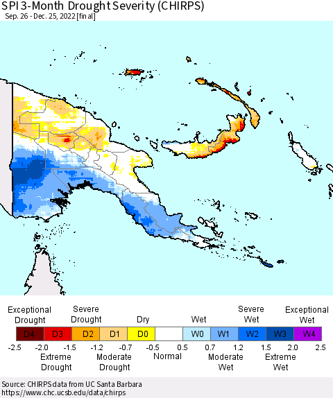 Papua New Guinea SPI 3-Month Drought Severity (CHIRPS) Thematic Map For 9/26/2022 - 12/25/2022