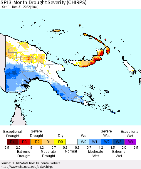 Papua New Guinea SPI 3-Month Drought Severity (CHIRPS) Thematic Map For 10/1/2022 - 12/31/2022