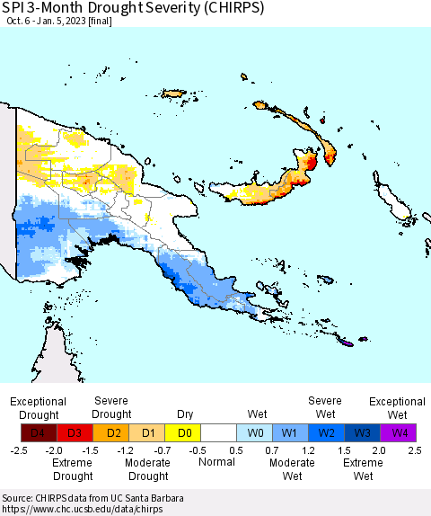 Papua New Guinea SPI 3-Month Drought Severity (CHIRPS) Thematic Map For 10/6/2022 - 1/5/2023