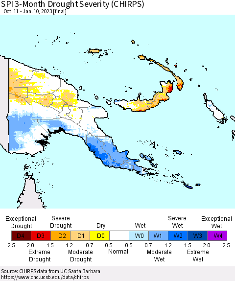 Papua New Guinea SPI 3-Month Drought Severity (CHIRPS) Thematic Map For 10/11/2022 - 1/10/2023