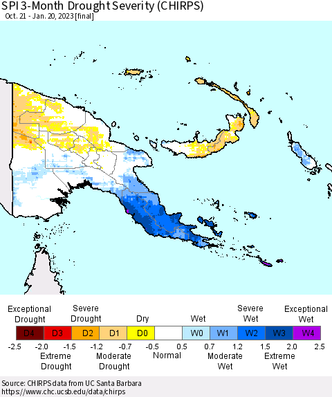 Papua New Guinea SPI 3-Month Drought Severity (CHIRPS) Thematic Map For 10/21/2022 - 1/20/2023
