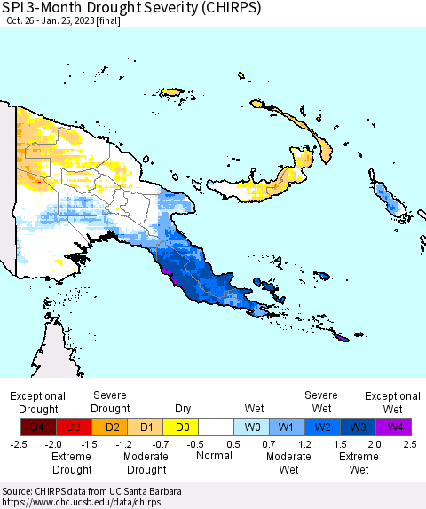 Papua New Guinea SPI 3-Month Drought Severity (CHIRPS) Thematic Map For 10/26/2022 - 1/25/2023