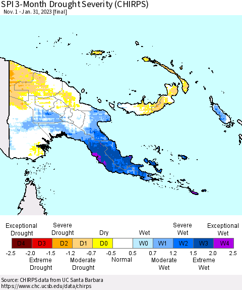 Papua New Guinea SPI 3-Month Drought Severity (CHIRPS) Thematic Map For 11/1/2022 - 1/31/2023
