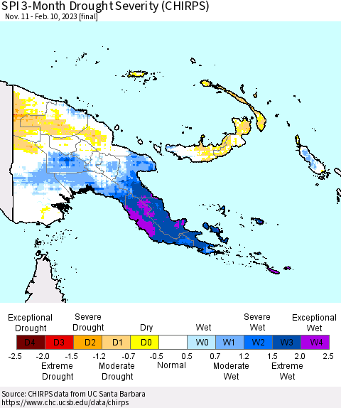 Papua New Guinea SPI 3-Month Drought Severity (CHIRPS) Thematic Map For 11/11/2022 - 2/10/2023