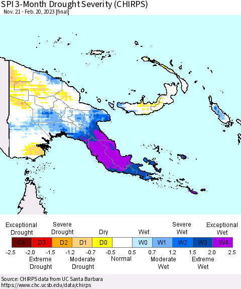 Papua New Guinea SPI 3-Month Drought Severity (CHIRPS) Thematic Map For 11/21/2022 - 2/20/2023