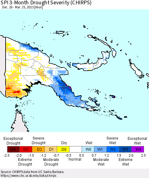 Papua New Guinea SPI 3-Month Drought Severity (CHIRPS) Thematic Map For 12/26/2022 - 3/25/2023