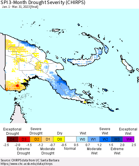 Papua New Guinea SPI 3-Month Drought Severity (CHIRPS) Thematic Map For 1/1/2023 - 3/31/2023