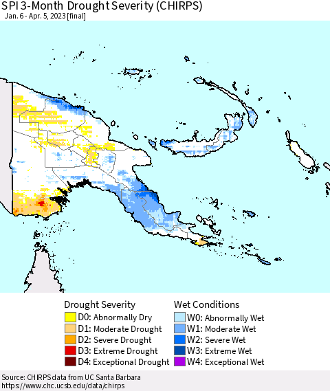Papua New Guinea SPI 3-Month Drought Severity (CHIRPS) Thematic Map For 1/6/2023 - 4/5/2023