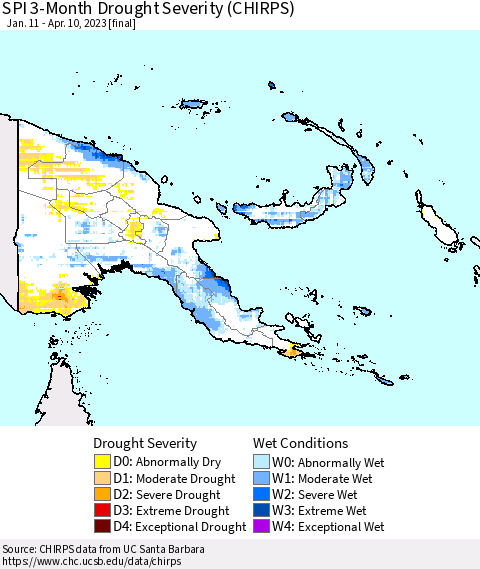 Papua New Guinea SPI 3-Month Drought Severity (CHIRPS) Thematic Map For 1/11/2023 - 4/10/2023