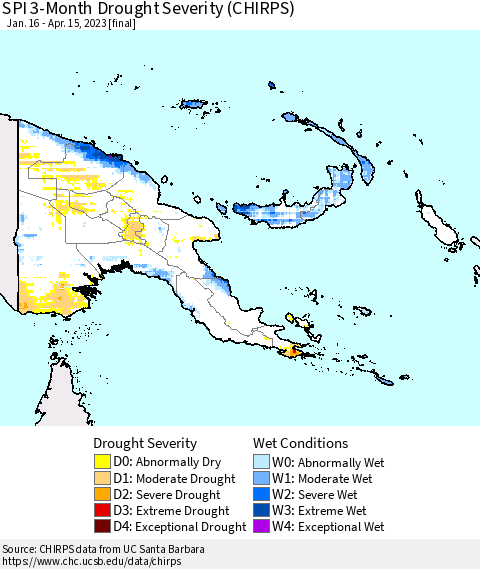 Papua New Guinea SPI 3-Month Drought Severity (CHIRPS) Thematic Map For 1/16/2023 - 4/15/2023